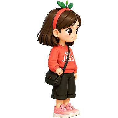 JGS mascot wearing a coral sweatshirt, leaf headband, black shorts and pink shoes